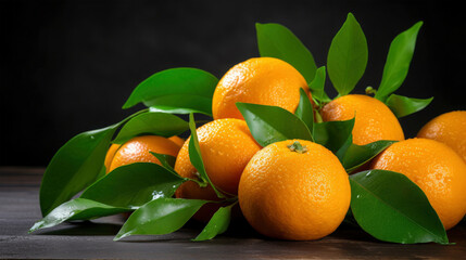 Fresh healthy delicious fruits of oranges with green leaves laying on ground, isolated on dark grey background
