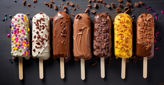 row of Ice cream with various flavors in the photo on a white background. generative AI