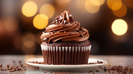 Closeup of dessert of one delicious chocolate cupcake with brown cream on brown golden background,...