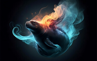 an ethereal and mesmerizing image of an Elephant Seal Embrace the styles of illustration, dark fantasy, and cinematic mystery the elusive nature of smoke - obrazy, fototapety, plakaty