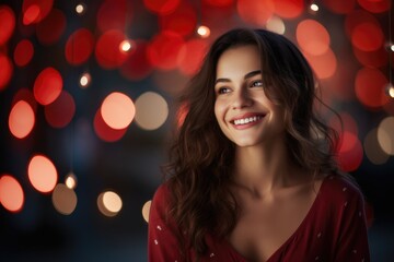 Happy smiling woman with a blurred background adorned with shimmering red bokeh lights to evoke a romantic Valentine's Day theme.