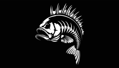 Fishing bass logo. Bass fish with rod club emblem. Fishing theme illustration. Fish Isolated on white.