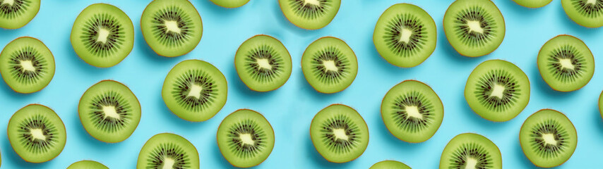 Fototapeta premium Closeup of fresh food fruit shapes of kiwi isolated on bright blue background banner