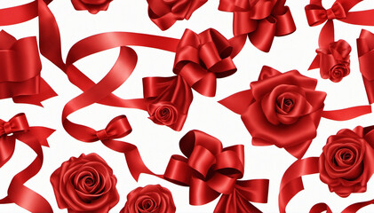 Lovely Rose Set. Red silk ribbons with bows festive decor satin rose, luxury elements for holiday packaging and design, elegant gift tape 3d vector decor set on white background 