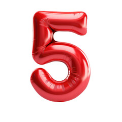 Red metallic Number 5 balloon Realistic 3D on white background. Generative AI