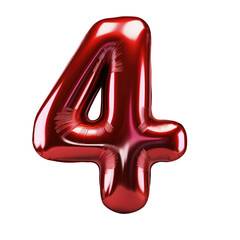 Red metallic Number 4 balloon Realistic 3D on white background. Generative AI
