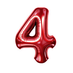 Red metallic Number 4 balloon Realistic 3D on white background. Generative AI