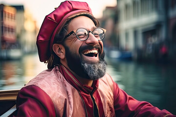 Cheerful gondolier man in glasses has a snow-white smile - obrazy, fototapety, plakaty