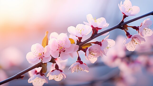 The spring season is marked by the blooming of purple sakura against the blue sky. a stunning nature scene with blooming trees and reflected sunlight. cherry sakura, apricot, and almond