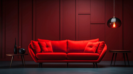 Habitaci&oacute;n con decoraci&oacute;n minimalista de color granate y un sof&aacute; de color rojo