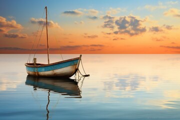 : A lone boat docked in a quiet harbor, surrounded by the simplicity of the water and sky