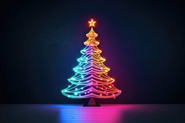 Neon lights fantasy Christmas Tree Background. Merry Christmas, Happy New Year concept. Illustration for postcard, banner, wallpaper, backdrop, web, card.
