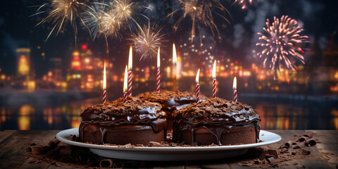 chocolate cake with candles against the backdrop of festive fireworks and the city at night - obrazy, fototapety, plakaty