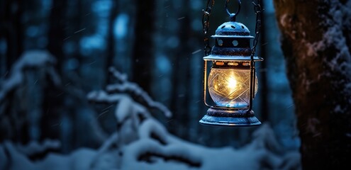 A lantern lights up in the middle of a snowy forest. generative AI - obrazy, fototapety, plakaty