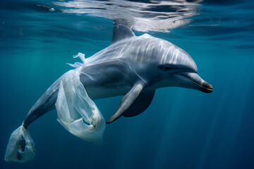 Fototapeta premium helpless dolphin ensnared in a plastic bag, ecological catastrophe