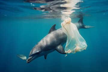 helpless dolphin ensnared in a plastic bag, ecological catastrophe - obrazy, fototapety, plakaty
