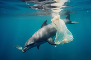 Fensteraufkleber helpless dolphin ensnared in a plastic bag, ecological catastrophe © lillyrosy