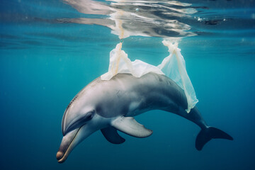 helpless dolphin ensnared in a plastic bag, ecological catastrophe
