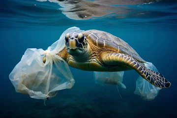 Fotobehang helpless turtle ensnared in a plastic bag, ecological catastrophe © lillyrosy