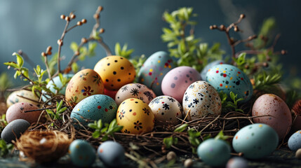 Fototapeta na wymiar A colorful array of speckled Easter eggs nestled in a natural nest, symbolizing the joy and renewal of the spring season. 