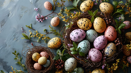 Obraz premium Artfully decorated Easter eggs in soft pastel hues are beautifully arranged among spring blossoms, creating an enchanting seasonal display. 