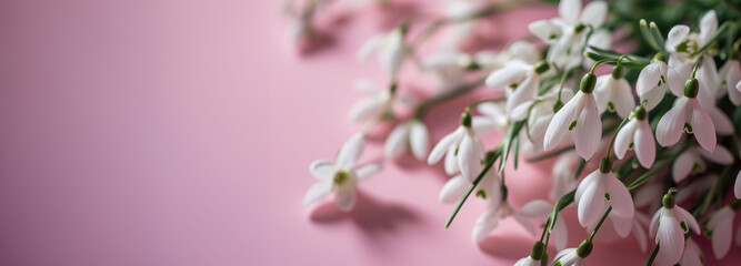 Snowdrops draping softly over a pink background, their purity and grace symbolizing hope and the rejuvenation of spring.
