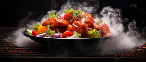 Appetizing wings in an appetizing composition.