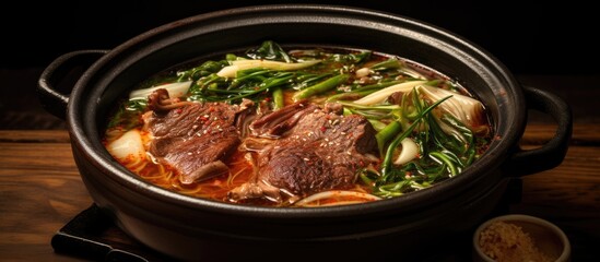 A tasty Korean soup with tender beef ribs cooked in simmered broth, seasoned with green onion and salt.