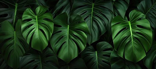 green monstera leaves in photo on black background. generative Ai - obrazy, fototapety, plakaty