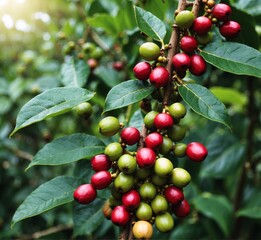 Coffee beans ripening on a tree in a coffee plantation. Fresh arabica coffee beans ripening on the tree.