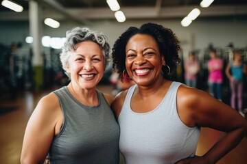 Group portrait of body positive senior women in gym