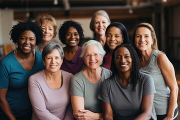 Group portrait of body positive senior women in gym