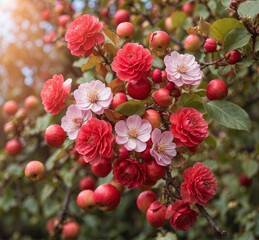 Pink and red flowers of Japanese quince Prunus serrulata on a branch.