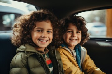 Portrait of a young brother and sister in backseat of car - obrazy, fototapety, plakaty