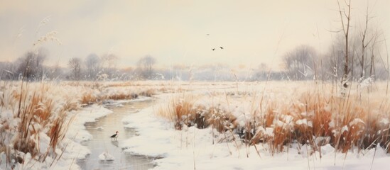 Snowy winter road through reeds. - obrazy, fototapety, plakaty
