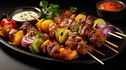 A platter that includes kebabs made with tikka lalu chicken and vegetables