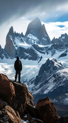 Lone trekker facing away, standing on a rocky outcrop, marveling at the snow-capped peaks and glaciers of the mountainrange