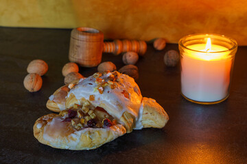 Fresh traditional polish pastry with white poppy-seed filling and nuts. St. Martin's croissant,...