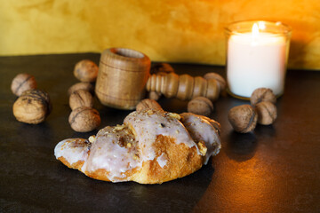 Fresh traditional polish pastry with white poppy-seed filling and nuts. St. Martin's croissant,...