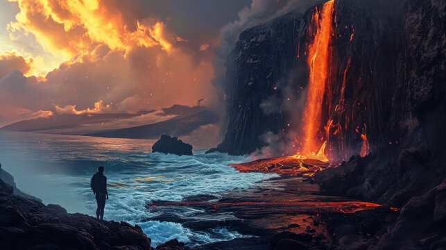 Lone trekker facing away, standing on a volcanic plateau, watching a lava waterfall flowing into the ocean