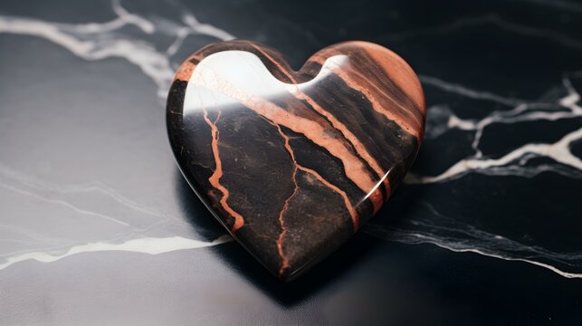 Top View of a rose gold Heart on a black Marble Background. Romantic Backdrop with Copy Space