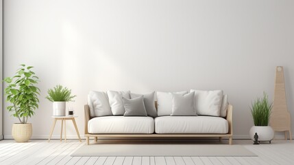 Copy space is provided by a gray sofa in a white living room
