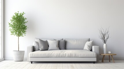 Fototapeta na wymiar Copy space is provided by a gray sofa in a white living room