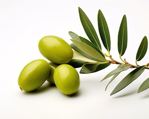 close-up photo of fresh olives with green leaves on a white background. generative AI