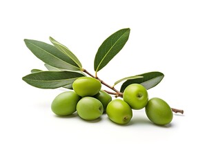 green olive fruit with its leaves on a white background. generative AI