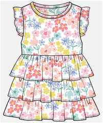 SLEEVELESS DRESS WITH FRILL AND TIERED LAYERED DRESS DESIGNED FOR TODDLER AND KID GIRLS IN VECTOR ILLUSTRATION FILE