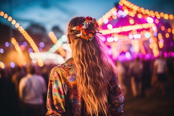 Back View Of Party Girl At Music Festival. Сoncept Sunset Beach Wedding, Romantic Couple Portraits, Urban Street Style Fashion, Autumn Family Portraits