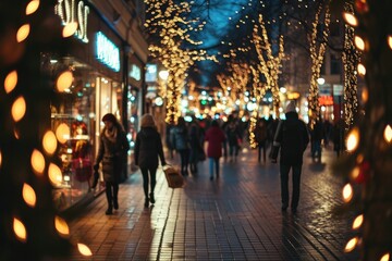 Hustle And Bustle Of City Street During Christmas Preparations And Shopping, Captured In Focused Perspective.