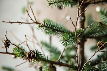 Selective Focus On Festive Branches As An Alternative Sustainable Christmas Tree