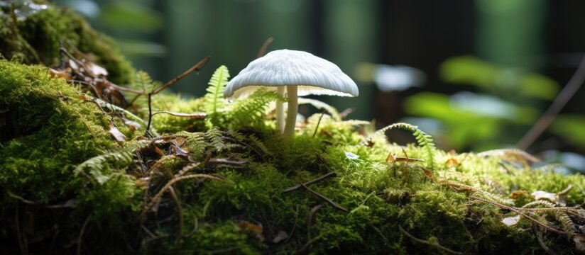 Rare white mushroom in the forest, stunning among leaves and moss.